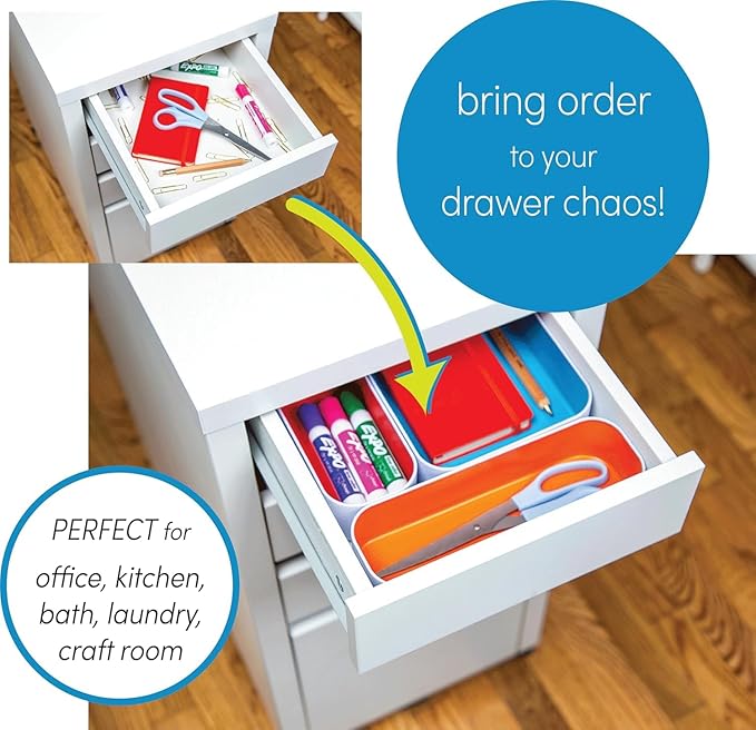 Three by Three Seattle 5 Piece Shallow Metal Organizer Tray Set for Storing Makeup, Stationery, Utensils, and More in Office Desk, Kitchen and Bathroom Drawers (1 Inch, Assorted Colors)