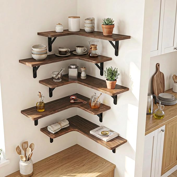 Fixwal Corner Floating Shelves for Wall Set of 5, Rustic Wood Wall Mounted Shelf for Bathroom, Kitchen, Bedroom, Home Decor, Laundry Room, Living Room (Dark Carbonized Black)