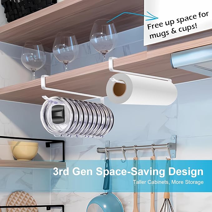 4Pack Tumbler Lid Organizer for Corner Cabinets, Space-Saving Coffee Cup Holder, Water Bottle Accessories Storage, Kitchen Organization, No Adhesive or Drilling Needed up to 48 Lids (White)