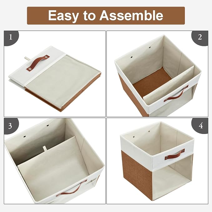 Bagnizer Storage Cubes, 4 Pack Linen Foldable Storage Bins with Clear Window and 2 Handles, 13x15x13 Storage Cube Bins for Shelf Closet, Kallax, Clothes, Books - (Brown / Off-White)