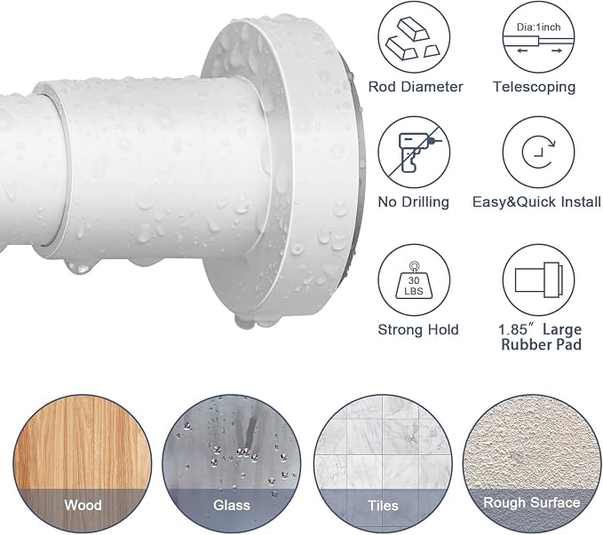 YNL White Shower Curtain Rod 32-64 Inch(2.7-5.33ft), Non-Slip, Never Rust, Stainless Steel No Drill Spring Tension Shower Rod, Adjustable Long Curtain Rod for Bathroom Window
