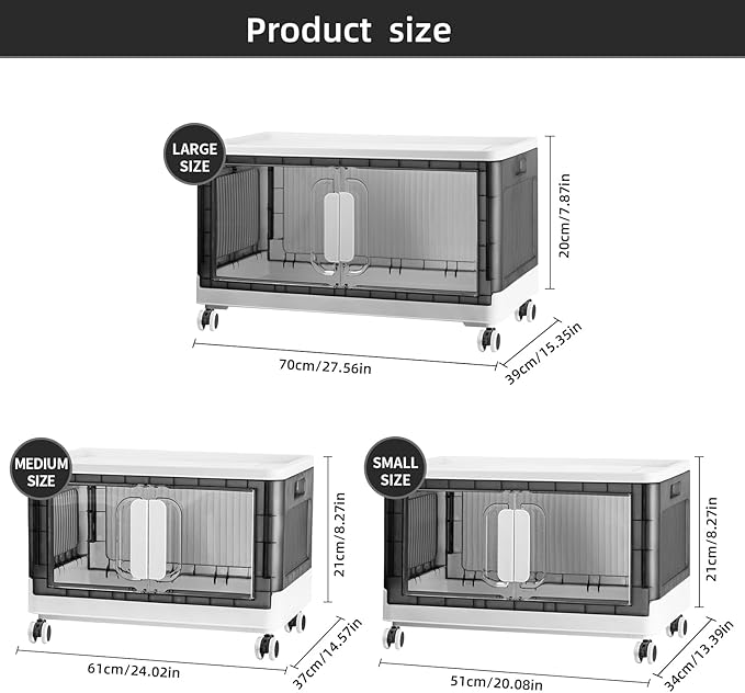 Folding Storage Organizer with Silent casters | Stackable Design for Home & Office, Heavy-Duty Plastic Storage Bin with Clear Door, 3 Sizes (19.5/23.5/27.5in),Black/White (27.6" 3 layer, White)