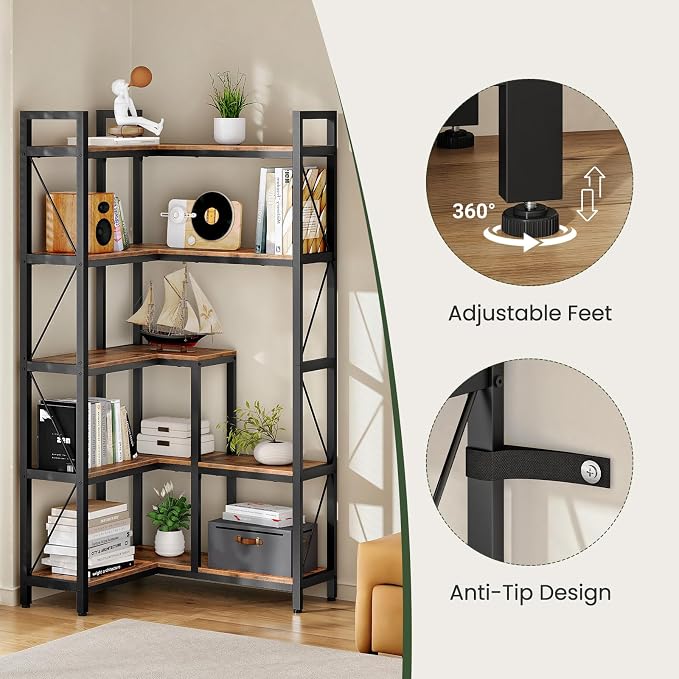 CHOEZON Corner Bookshelf, 5-Tier L-Shaped Bookcase, Corner Shelf with Metal Frame, Industrial Tall Display Shelf, for Living Room, Home Office, Bedroom, Rustic Brown TSJ12BF