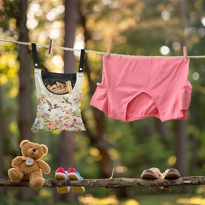Art Hummingbird Clothespin Bag Clothespin Storage with Hanger Hook Canvas Clothespin Bag with Large Opening Space-Saving Clothespin Holder Clothespin Bag for Outdoor Use