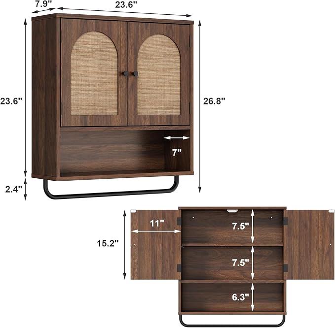 RUSTOWN Rattan Bathroom Wall Cabinet, Boho Medicine Cabinet with 2 Arched Doors, Farmhouse Over the Toilet Storage Cabinets with Adjustable Shelves & Towel Bar, 3-Tier Wall Mounted Cabinets