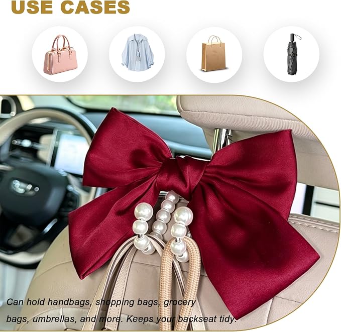 2 PCS Bow Pearl Car Seat Headrest Hook, Auto Rear Seat Hanging Organizer Elegant Pearl Decoration, Cute Bow Vehicle Interior Seatback Storage Hooks for Handbags Purses Groceries (Red)