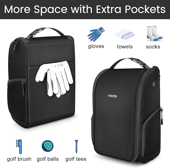 YOREPEK Golf Shoe Bag Men, Golf Accessories Bag with 3 Pockets for Socks | Designed with a Buckle Top Carry Handle, Zippered Sport Shoe Carrier Bags with Ventilation, Golf Gifts for Men