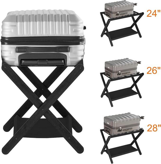 Heybly Luggage Rack, Pack of 2, Folding Suitcase Stand with Storage Shelf, Heavy-Duty Luggage Holder for Guest Room Bedroom Hotel, Holds up to 165 lb,Black, HLR010B2