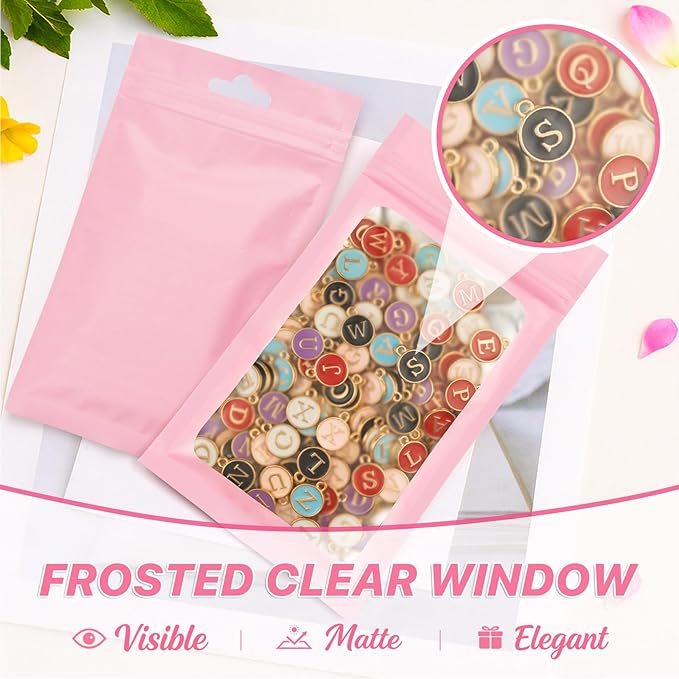 100 PCS Pink Resealable Mylar Bags with Frosted Clear Window Packaging Bags Foil Pouch Zipper Bag for Food Self Sealing Storage Supplies 5.51x7.87