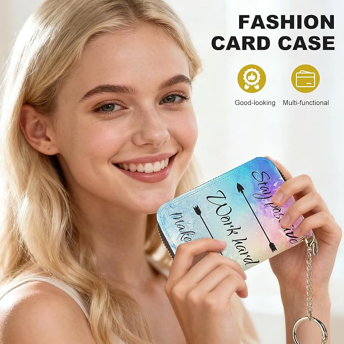Credit Card Holder for Women,Small Rfid Wallet with Keychain Zipper,Cute PU Leather Card Case Wallet，Accordion Credit Card Wallets Gift,Stay positive