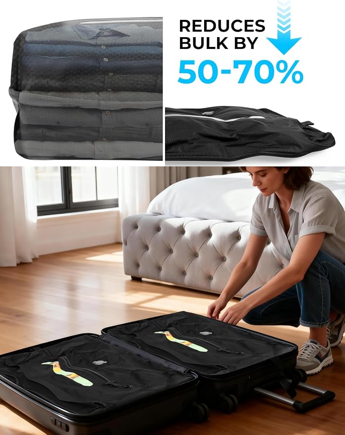 AIDONS Vacuum Seal Bags for Clothing Travel - Reusable Vacuum Compression Bags for Storage Clothes & Blankets, Fits Carry-On, Backpack, Suitcase & Home(Black 1PC+No Pump)