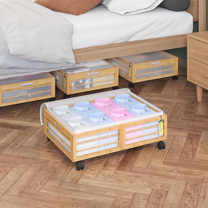 Underbed Storage with Wheels, 2 Pack Bamboo Containers for Shoes & Clothes | Dustproof bags protect contents. Stackable frames save space. 360° wheels provide smooth access to clothes, bedding and toys