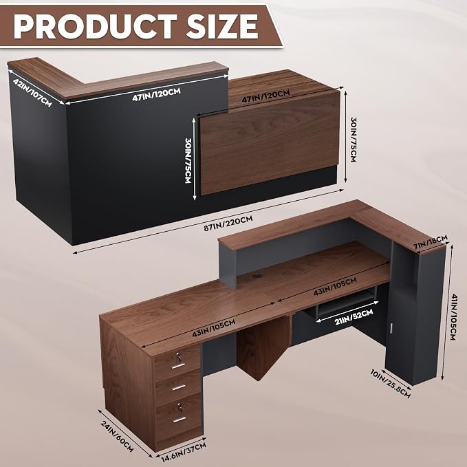 L-Shaped Large Wooden Reception Desk, Modern Front Desk Reception Counter with Lockable Drawers, Storage & Keyboard Tray for Office Lobby Checkout (Right-Brown + Black, 87''L x 42''W x 41''H)