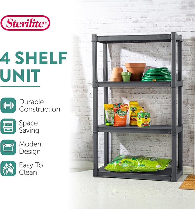 Sterilite 4 Shelf Unit, Heavy-Duty Shelving Storage and Utility Rack - Standing Plastic Organizer Shelves for Kitchen, Bathroom, and Garage | Plastic Shelves for Storage, Plastic Storage Shelf, Garage Shelving