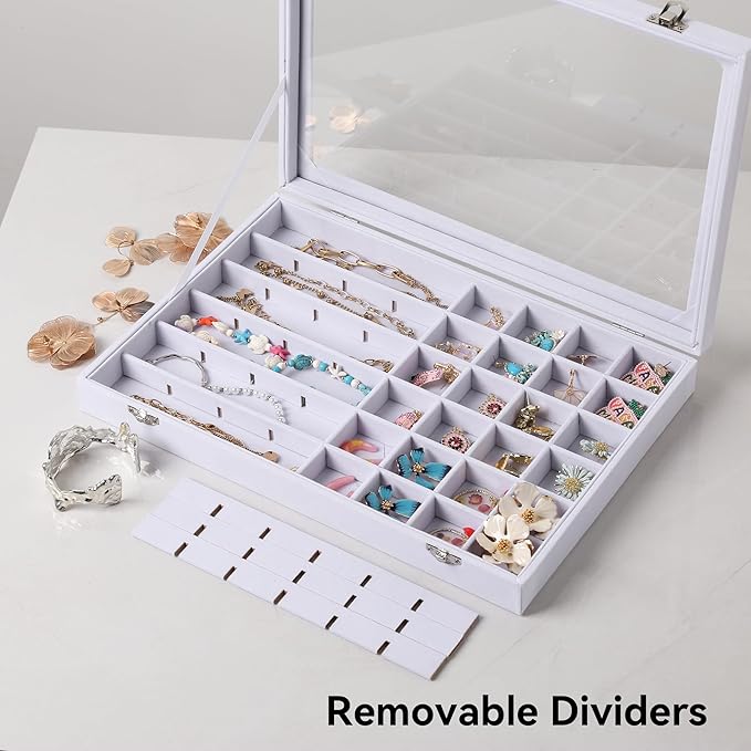 Frebeauty 48 Grid Earring Organizer,Velvet Jewelry Tray with Clear Lid | Drawer Jewelry Organizer for Rings Studs Beads,Adjustable Dividers,Dustproof,Earring Storage,Trinket Box,13.8×9.5Inches