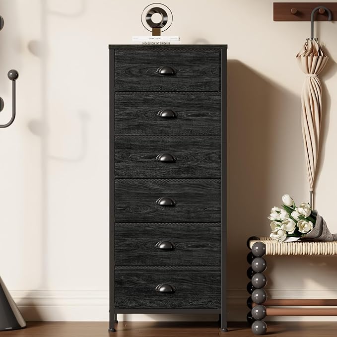 Furnulem Black Dresser for Bedroom, Tall Fabric Chest of Drawers | Bedroom Dresser with 6 Fabric Bins, Vertical Storage Drawer for Dorm, Organizer in Closet, Living Room, Wood Top, Metal Frame