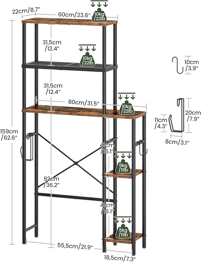 CHOEZON Over The Toilet Storage, 6-Tier Bathroom Organizer Shelf | Over Toilet Storage Cabinet with Toilet Paper Hook, Space Saving, for Bathroom, Laundry, Rustic Brown and Black TTS02BF