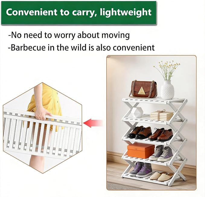 5 Tier Bamboo Shoe Rack White,Portable Folding Shoe Storage Rack,Without Installation Small Shoe Rack Perfect for Corridors, Drom, Bedrooms and Small Spaces