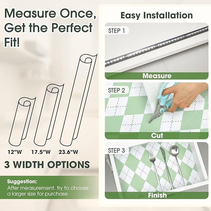 Coavas Shelf and Drawer Liner, Non Slip Extra Grip Non Adhesive Waterproof Thickened Cabinet Mat, Easy Cut for Kitchen Pantry Bathroom Dresser Cupboard (Green Rhombic, 12IN x 20FT)