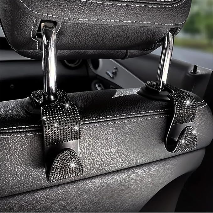 Zpana 4PCS Bling Car Seat Headrest Hooks, Vehicle Back Seat Purse Handbag Hanging Holder with Crystal Rhinestone, Diamond Storage Organizer Hook, Universal Automotive Accessories (Black)