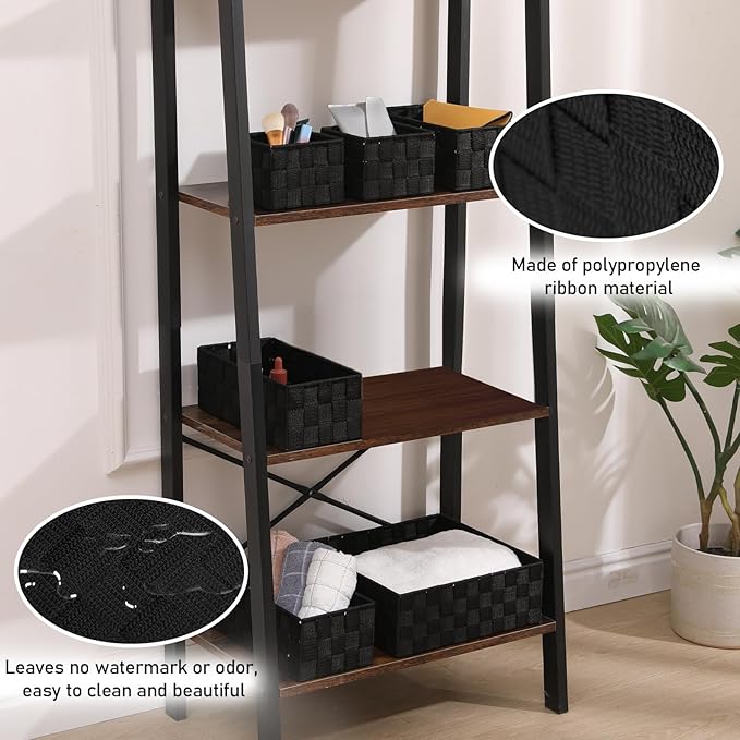 Storage Bins Woven Organizer Set of 6 – Polypropylene Storage Baskets with Metal Frame, Stackable Fabric Boxes for Drawers, Closet, Shelf, Nursery and Office, Black