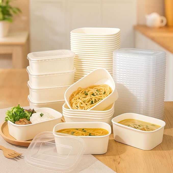 Maxdot 50 Pack 25 oz Disposable Food Containers with Lids Paper Food Containers Bowls for Meal Prep, Salad, Ice Cream, Yogurt, Soup Bowls Party Leftover Box