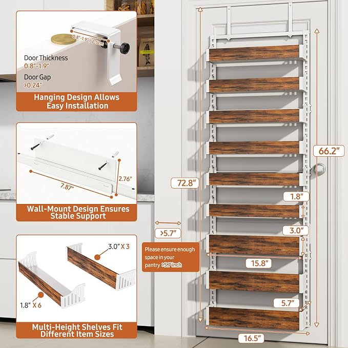 Over the Door Pantry Organizer: Pantry Organization and Storage with Hanging Basket - 9-Tier Metal Spice Rack Adjustable Shelves for Kitchen Bedroom Bathroom & Laundry Room White