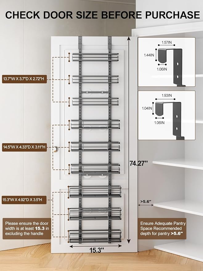 Delamu 9 Tier Over The Door Pantry Organizer, Pantry Organization and Storage, Hanging Spice Rack for Pantry Door Organizer, Metal Pantry Door Shelves for Kitchen Bathroom Laundry Room,15.3" Black