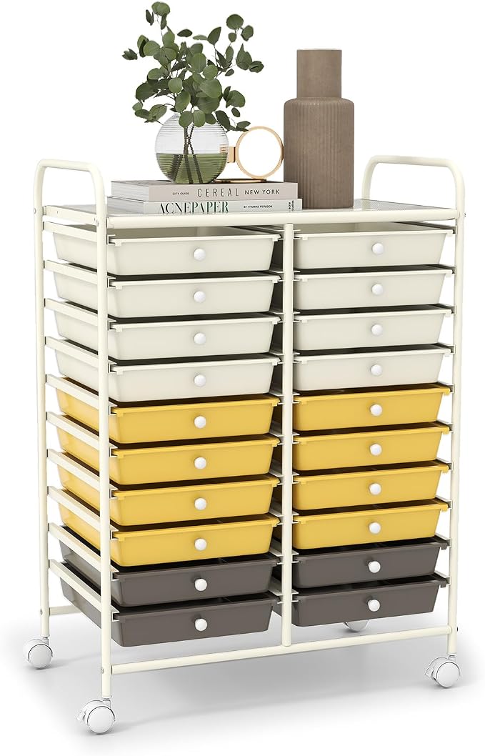 LDAILY 20-Drawer Rolling Storage Cart, Rolling Storage Cart, Storage Organizer on Wheels, Metal Frame, Scrapbook Paper Tools, Suitable for Office School, Classroom (Yellow, 20 Drawer)