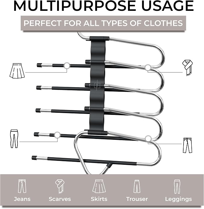 MORALVE Pants Hangers Space Saving - 2 Pack - Non-Slip Multi-Layer Space Saving Hangers - Multifunctional Clothing Rack for Closet Storage - Ideal for Jeans, Trousers, Skirts, Scarves & Slacks (Black)