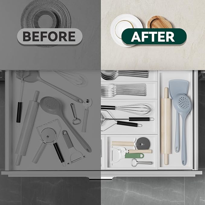 Lixple Bamboo Drawer Organizer, Small Silverware Organizer for Kitchen Drawer, Stackable Utensil Organizer, 2 Pcs Flatware Organizer Wooden Storage Box Tray (White, 6 X 3 X 2 Inch)