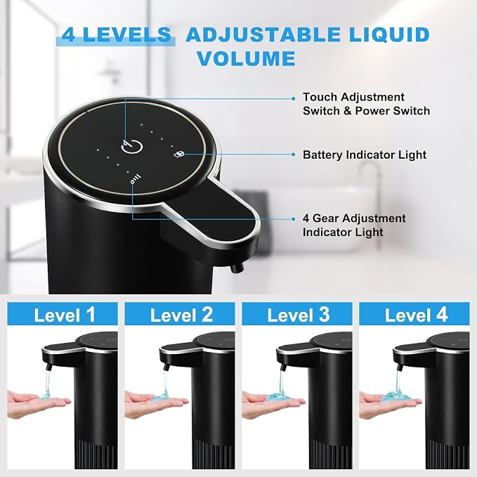 RYTOXILO Automatic Soap Dispenser, 1 Pack Black Touchless Liquid Soap Dispenser for Bathroom, 13.5 Fl Oz Plastic Electric Auto Dish Soap Dispensers Wall Mount for Kithcen with Adjustable Volume