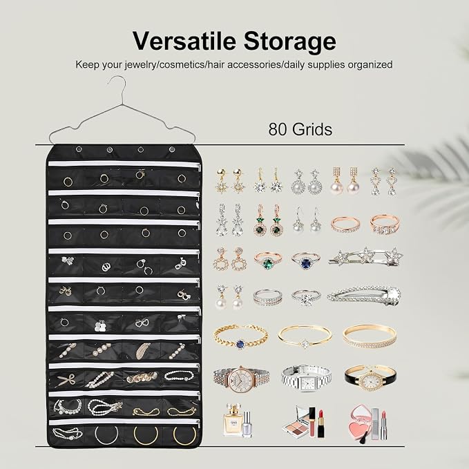 Hanging Jewelry Organizer Storage Roll 80 Zippered Pockets with Detachable Hanger Double-Sided Foldable, Travel Jewelry Holder for Earrings, Rings, Bracelets, Hanging on Closet, Wall, Door, Black