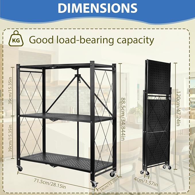 3-Tier Foldable Storage Shelf with Wheels, Heavy Duty Metal Collapsible Shelving Unit, No Assembly Rolling Organizer Rack for Kitchen Pantry Closet Office