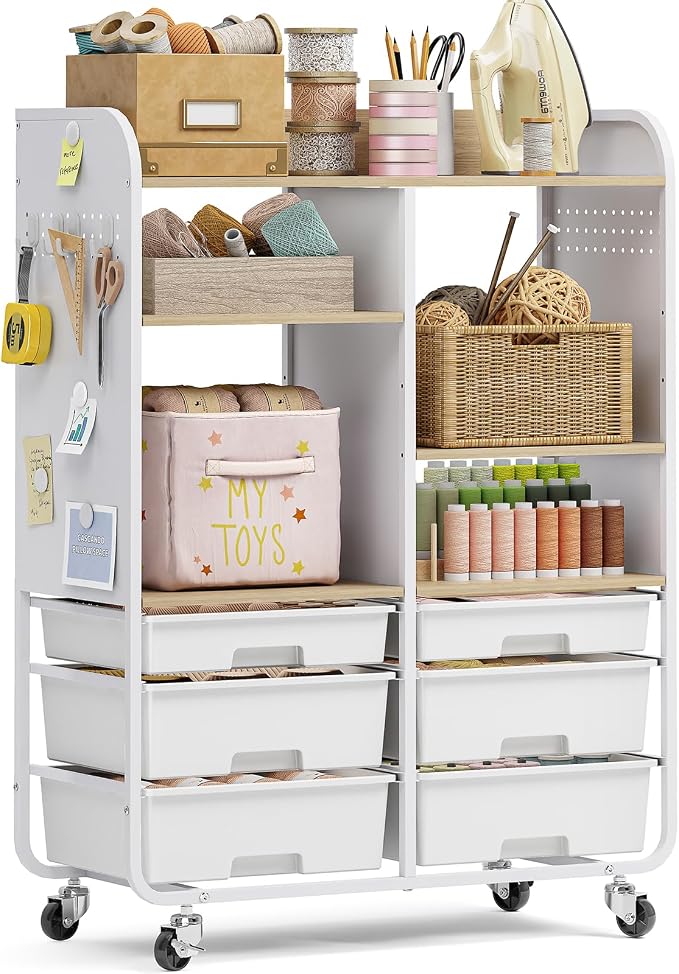 6-Drawer Rolling Storage Cabinet with Wooden Top & Pegboards，Utility Craft Cart with 2 Adjustable Shelves and Lockable Wheels,Mobile Organizer for School Dorm,Classroom,Artroom,Craftroom (White)