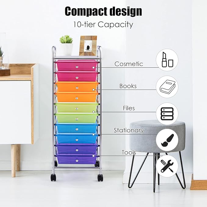 GOFLAME 10-Drawer Rolling Storage Drawer Cart, Utility Cart with Removable Drawers & Metal Frame, Mobile Art Craft Drawer Cart with Lockable Wheels for Home, Office, Studio, School, Rainbow