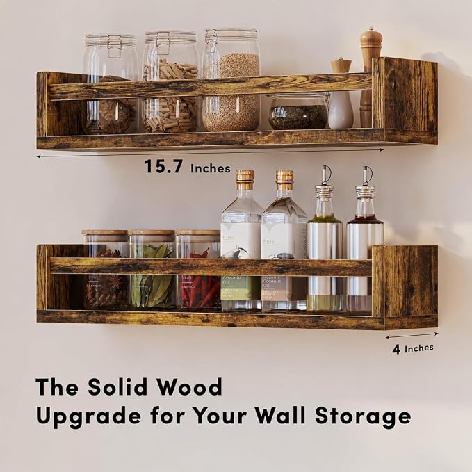 Spice Rack Wall Mount - 4-Pack Wooden Hanging Spice Rack for Wall - Rustic Wood Spice Wall Rack for Kitchen Seasoning Organization (4, Rustic Brown, 15.7 Inches)