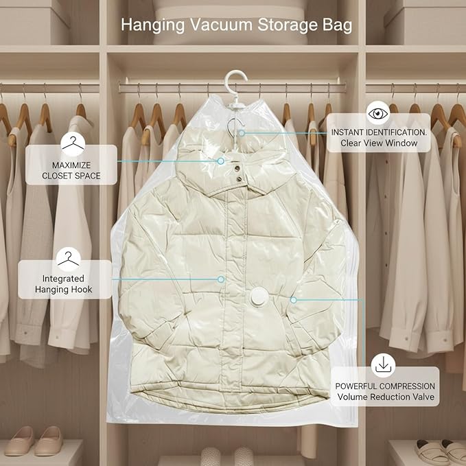 Clear Hanging Vacuum Storage Bag with Hook, Space Saver for Coats & Comforters, 35.4 x 27.6 Inch, Reusable Closet Organizer (1 Pack)