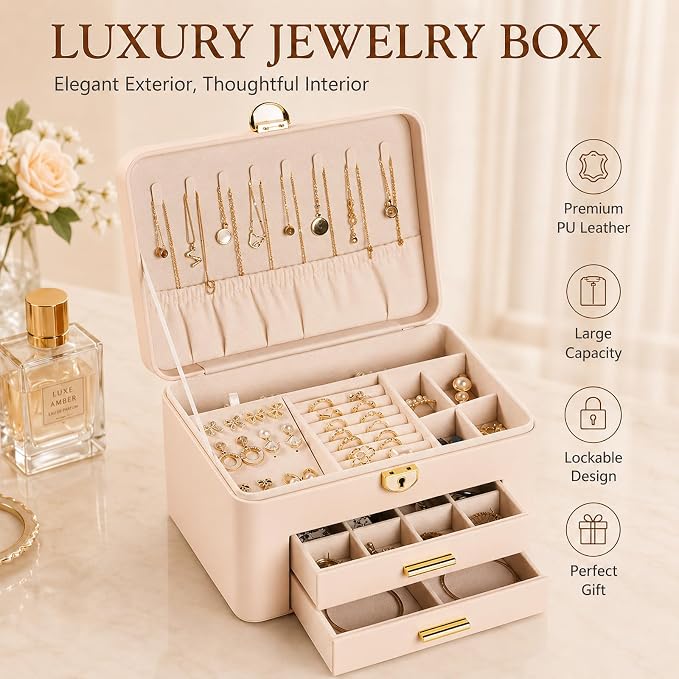Jewelry Box for Women, Large Dresser Top Organizer with 3 Layers & 2 Drawers, PU Leather Storage Case for Earrings, Necklaces, Rings, Giftable Vanity Box (Cream white)