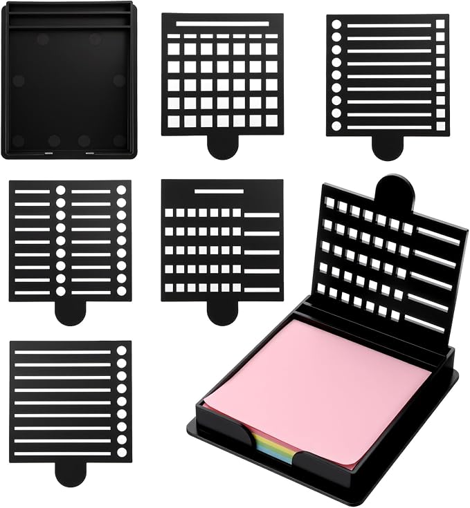 Sticky Note Stencil, Sticky Note Holder for Desk Reusable Template for 3x3 Inch Notes, to-Do Lists, Home and Office Organization, Versatile Notes Dispenser with 5 Templates (Black)