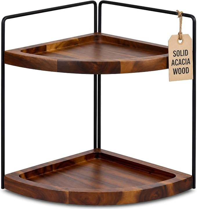 Demigo 2-Tier Corner Bathroom Organizer, Acacia Wood Countertop Shelf | 13.2 x 9.9 in Wooden Corner Shelf for Vanity, Kitchen Counter, Cosmetic & Bathroom Storage, Counter Makeup Organizer