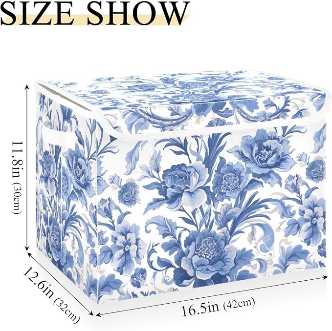 Flower Blue Lidded Storage Bins with Handles - 16.5"x12.6"x11.8" Foldable Organizing Box, Oxford Fabric & Honeycomb Board, Dust-Proof Flip Lid for Closet/Office