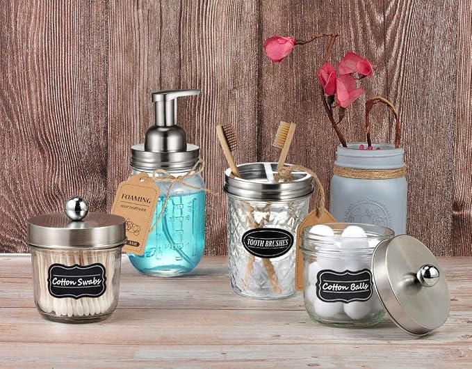 Amolliar Mason Jar Foaming Soap Dispenser Pump Lids, Rustproof Stainless Steel Lid Plastic Pump for Regular Mouth Mason Jar, Kitchen Bathroom Farmhouse Decor, Waterproof Stickers, Brushed Nickel 2Pack