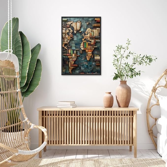 World Map Book Adventure Vintage Library Art Aesthetic Poster Canvas Wall Art Decoration Living Room Home Decor Bedroom Decoration Poster black framed20x30inch