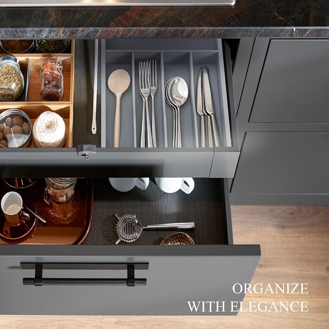 Silverware Organizer, Bamboo Kitchen Drawer Organizer, Utensil Holder, Cutlery Tray & Spoon Flatware Storage with Grooved Drawer Dividers(Grey, 9.5''W x 13.5''D)