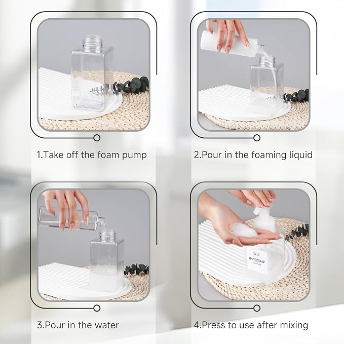 250ML Foaming Soap Dispenser, 2-Pack Plastic Hand Soap Dispenser, Refillable Leakproof Foam Pump Bottle with Waterproof Labels, for Shampoo, Body Wash