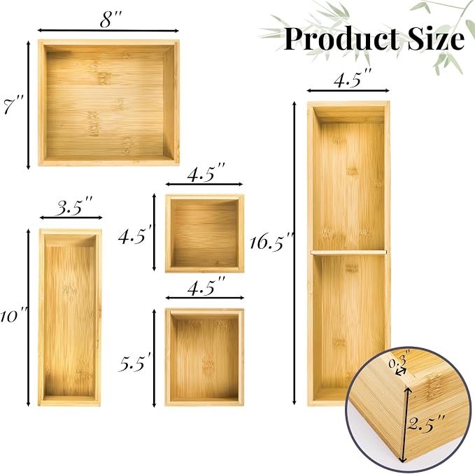 ZAVOOS 5 Pieces Bamboo Drawer Organizer, Multi-Use Individual Junk Tea Storage Drawer Tray Set with Removable Dividers, Adjustable Cutlery Utensils Holder Bin for Kitchen, Office, Bathroom