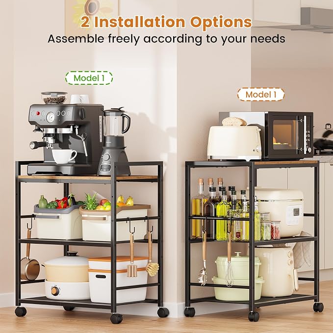 3-Tier Microwave Stand, Kitchen Microwave Cart with Adjustable Shelf | Rolling Kitchen Storage Cart on Lockable Wheels, Coffee Cart Shelf Rack Organizer for Kitchen, Living Room, Rustic Brown