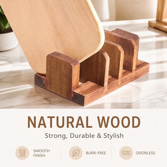 Acacia Wood Cutting Board Holder, 4 Slot Cutting Board Organizer Rack, Baking Pan, Bakeware & Knife Holder, Cabinet and Countertop Storage Stand for Kitchen, Dish, Plate, and Cookbook