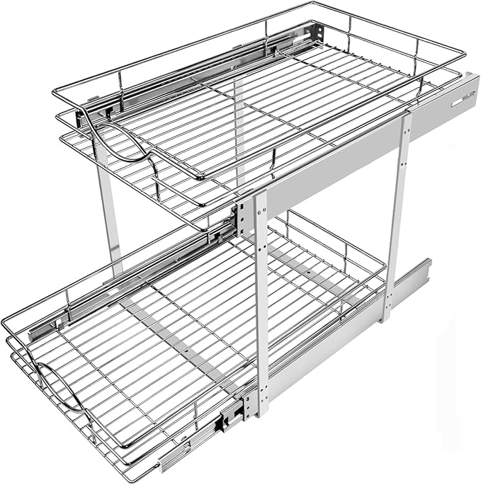 Sikarou Pull Out Cabinet Organizer 20" W x 21" D 2-Tier Individual Slide Out Drawer Pantry Shelf Storage for Kitchen Base Cabinet Organization for Kitchen, Bathroom, Pantry, Chrome